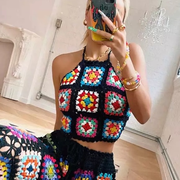Tops - Handmade Bohemian Multi Color Knit Black Cropped Halter Retro Top